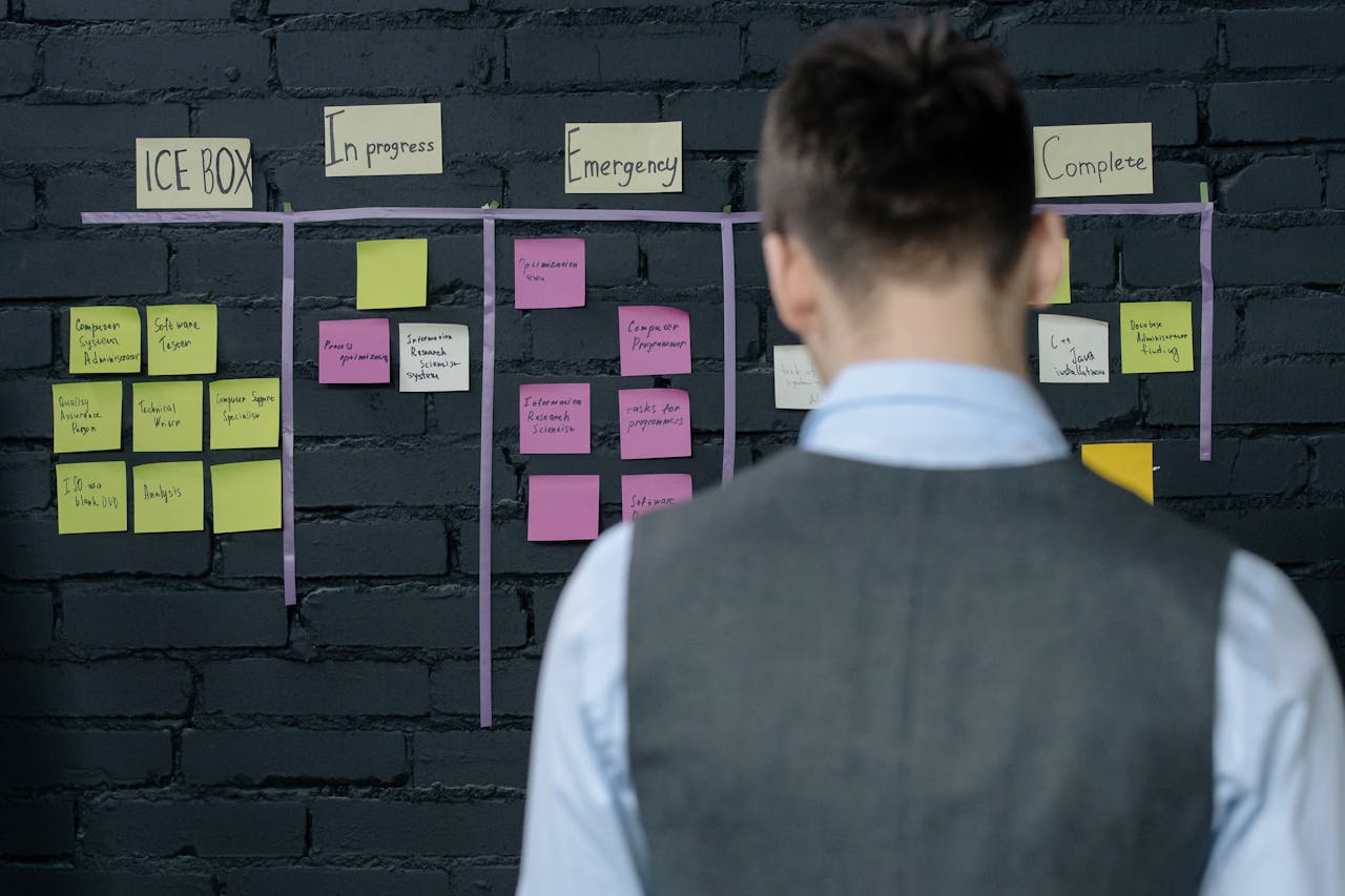 services-02 A person in a vest stands in front of a project management board with sticky notes on a dark brick wall.